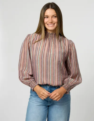 Sylvie High Neck Blouse in Pastel Stripe