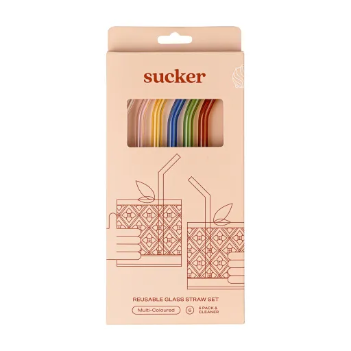 Sucker Reusable Glass Straws – Multi-Colour, 6 Pack