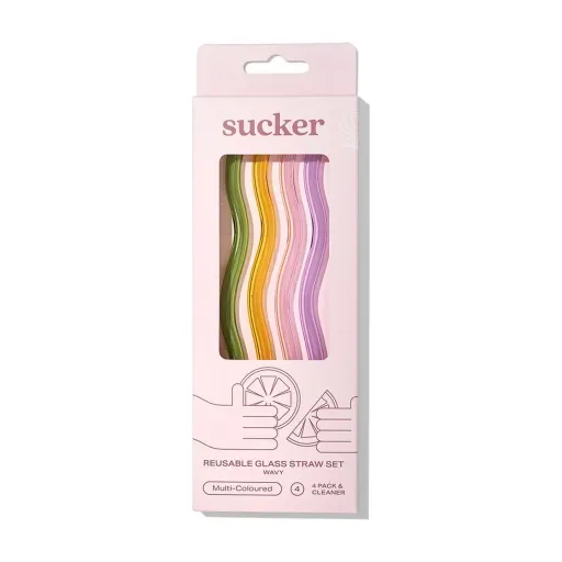 Sucker Wavy Glass Straws – Multi-Colour, 4 Pack